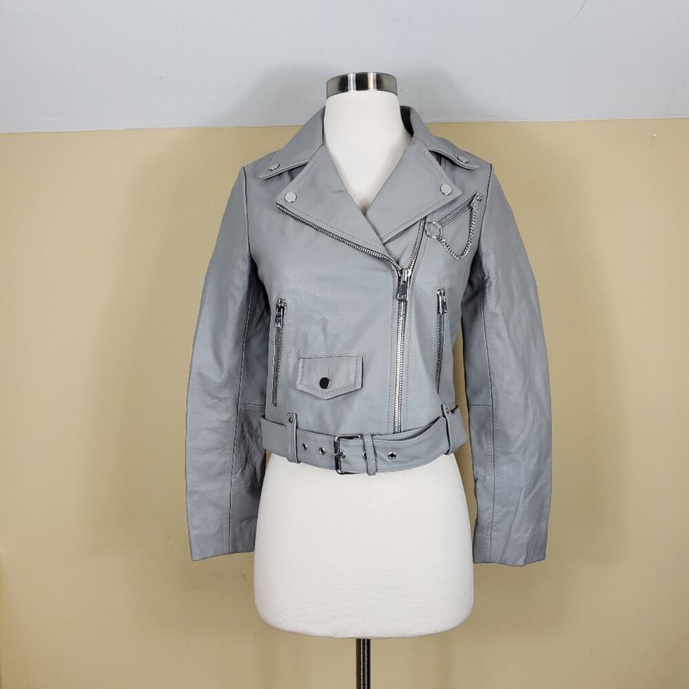 Maje Bassung Belted Leather Motorcycle Jacket in Gray Size 1/S
